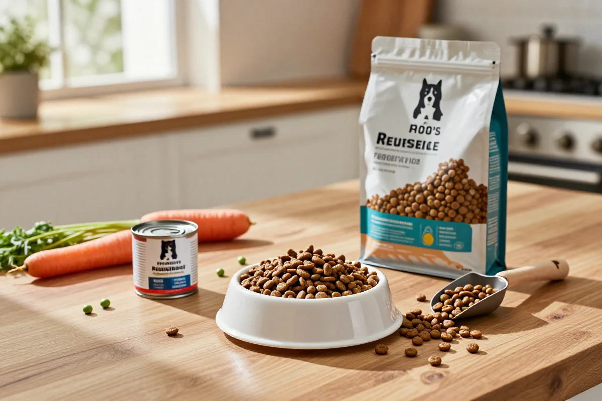 Variert hundemat med tørrfôr, våtfôr og ferske ingredienser for hunden.