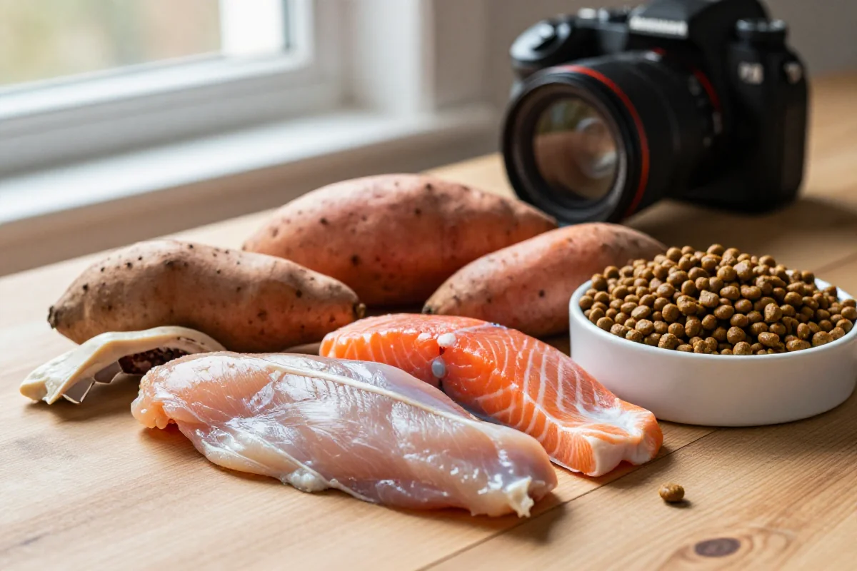 Høykvalitets hundemat med naturlige ingredienser og tørrfôr i skål.
