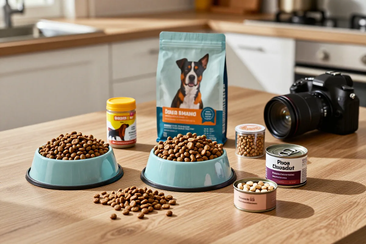 Variasjon av hundematprodukter på et kjøkkenbord, inkludert tørrfôr og våtfôr.
