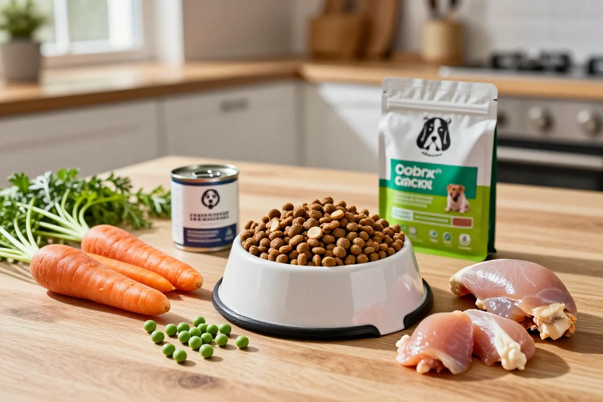 Tørrfôr og våtfôr for hunder med ferske ingredienser på kjøkkenbordet.