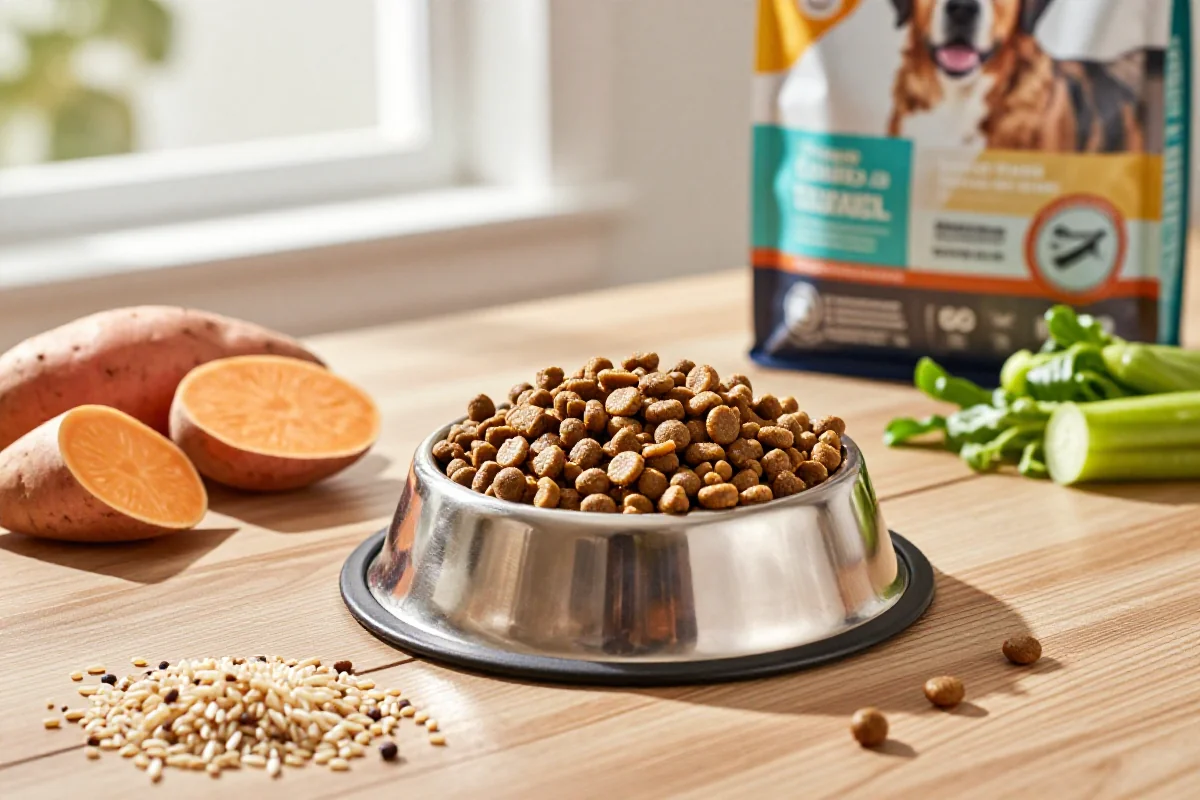 Kvalitets hundemat med ferske ingredienser og kibble i skål.