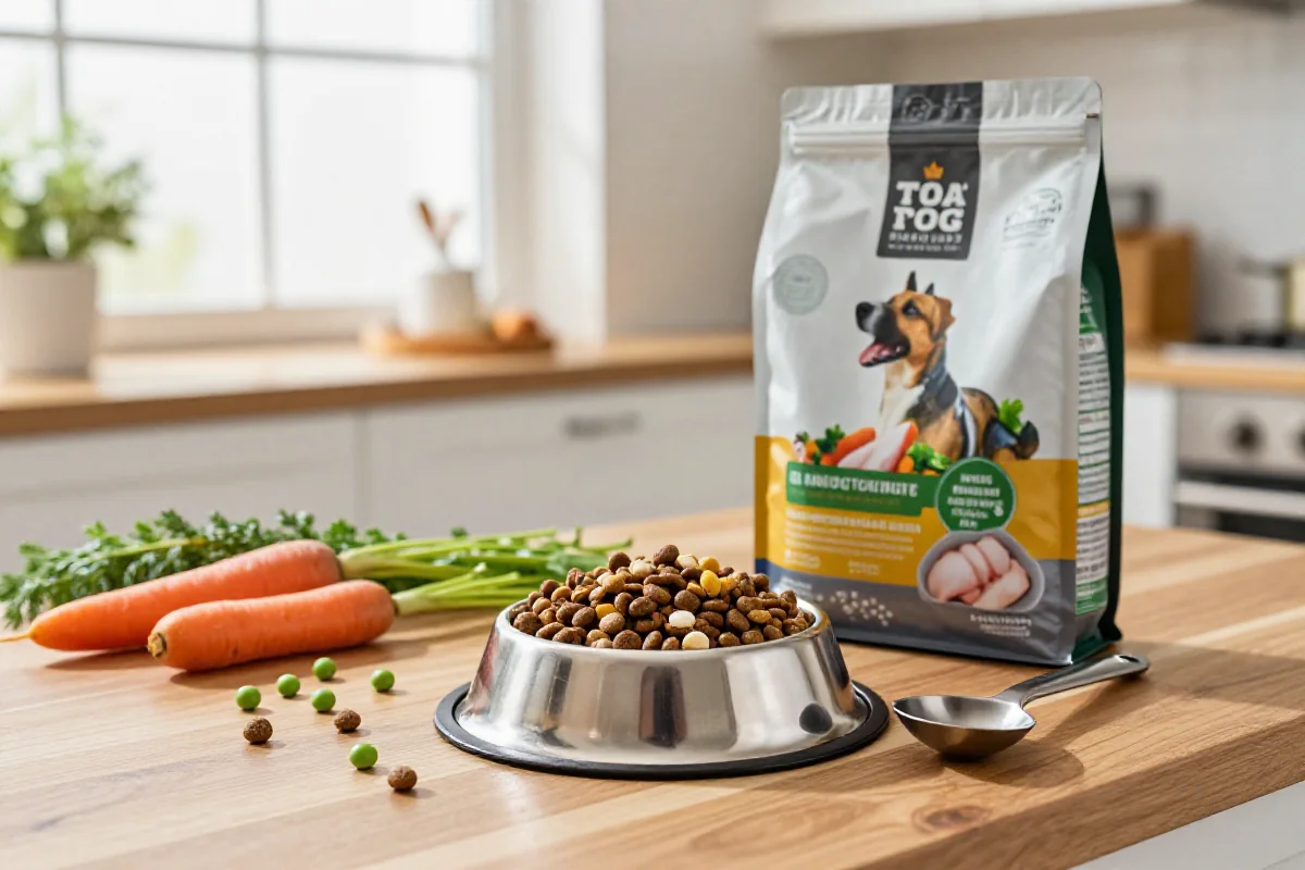 Hundemat kibble i en skål med ferske ingredienser på kjøkkenbenken.