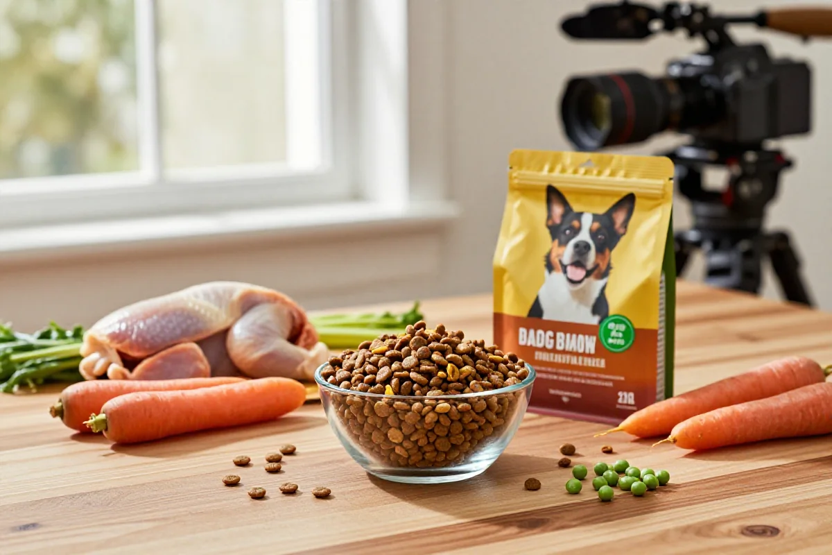 Fôrprodukter for hunder med naturlige ingredienser på et bord.