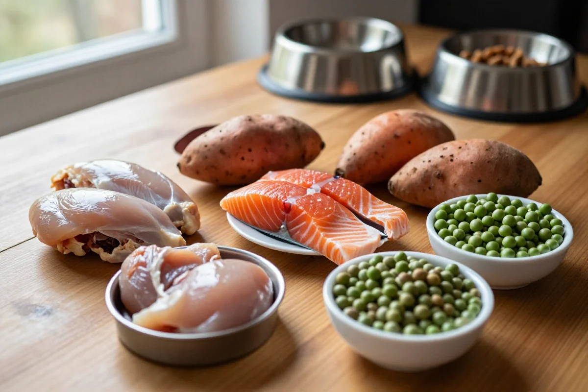 Høykvalitets hundemat ingredienser som kylling, laks og søtpotet.