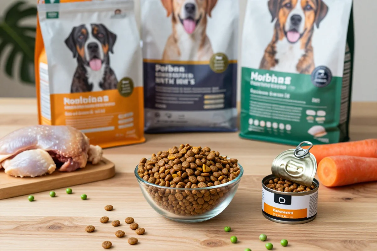 Variert hundemat med kibble, våtfôr og ferske ingredienser på et bord.