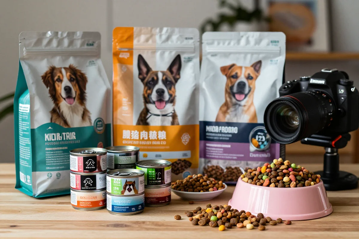 Variert utvalg av hundemat, inkludert tørrfôr og våtfôr i skåler.