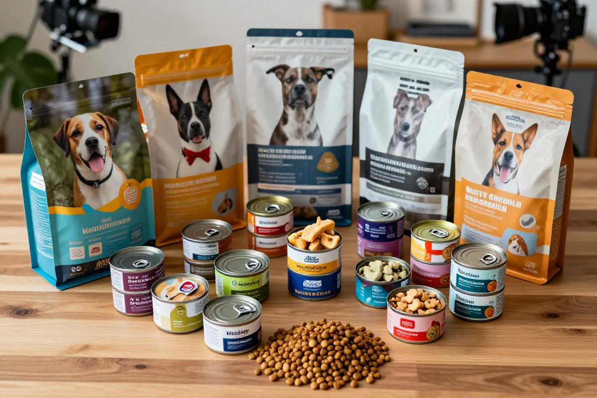 Variert utvalg av hundemat og snacks for allergitesting og spesialdieter.