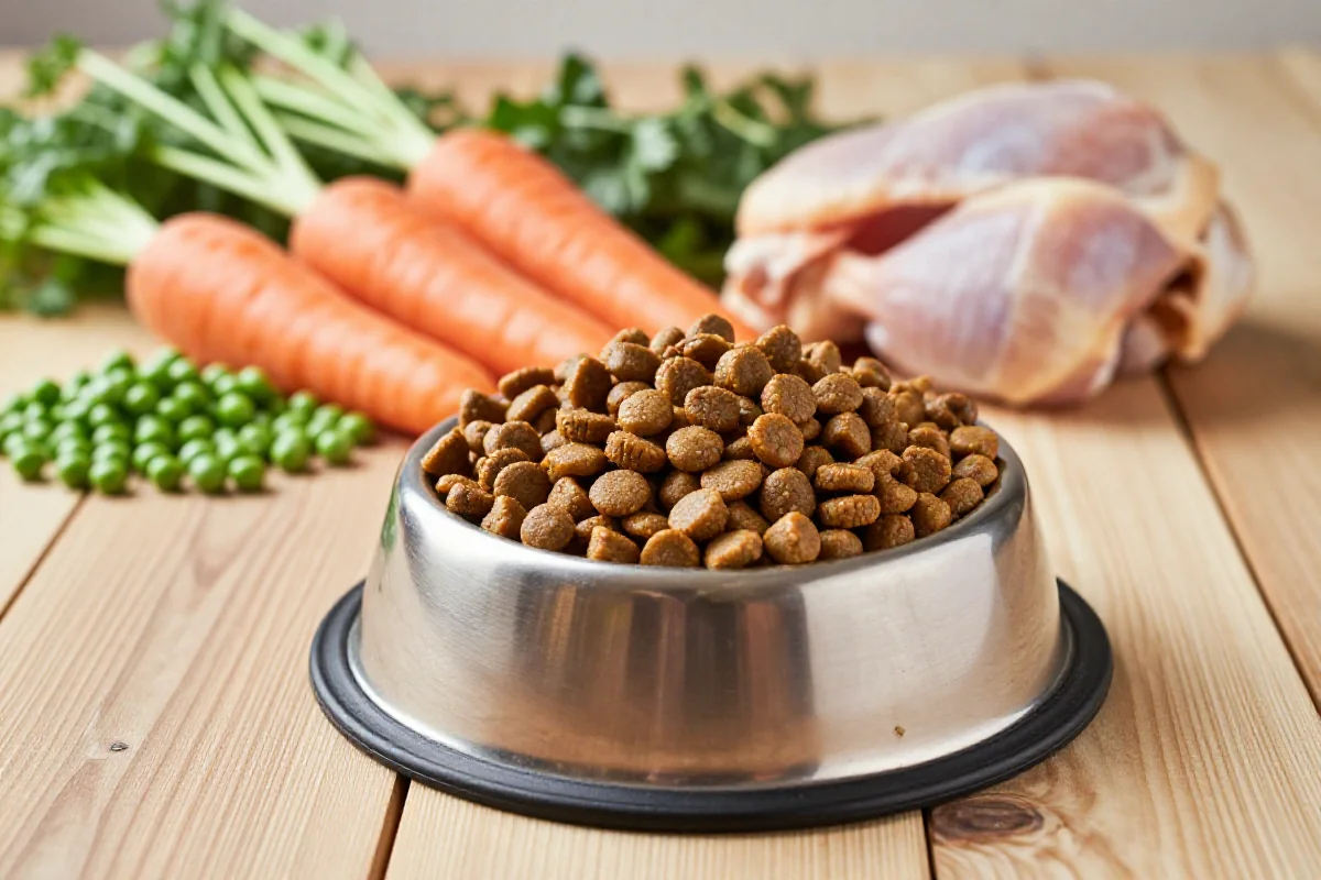 Hundematbolle med tørr hundemat og friske ingredienser for hunden.