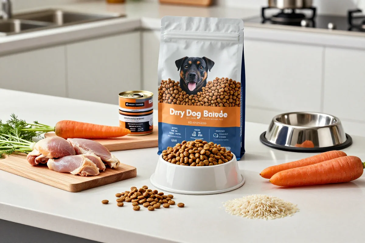 Variert hundemat og ingredienser på kjøkkenbenk for hunden