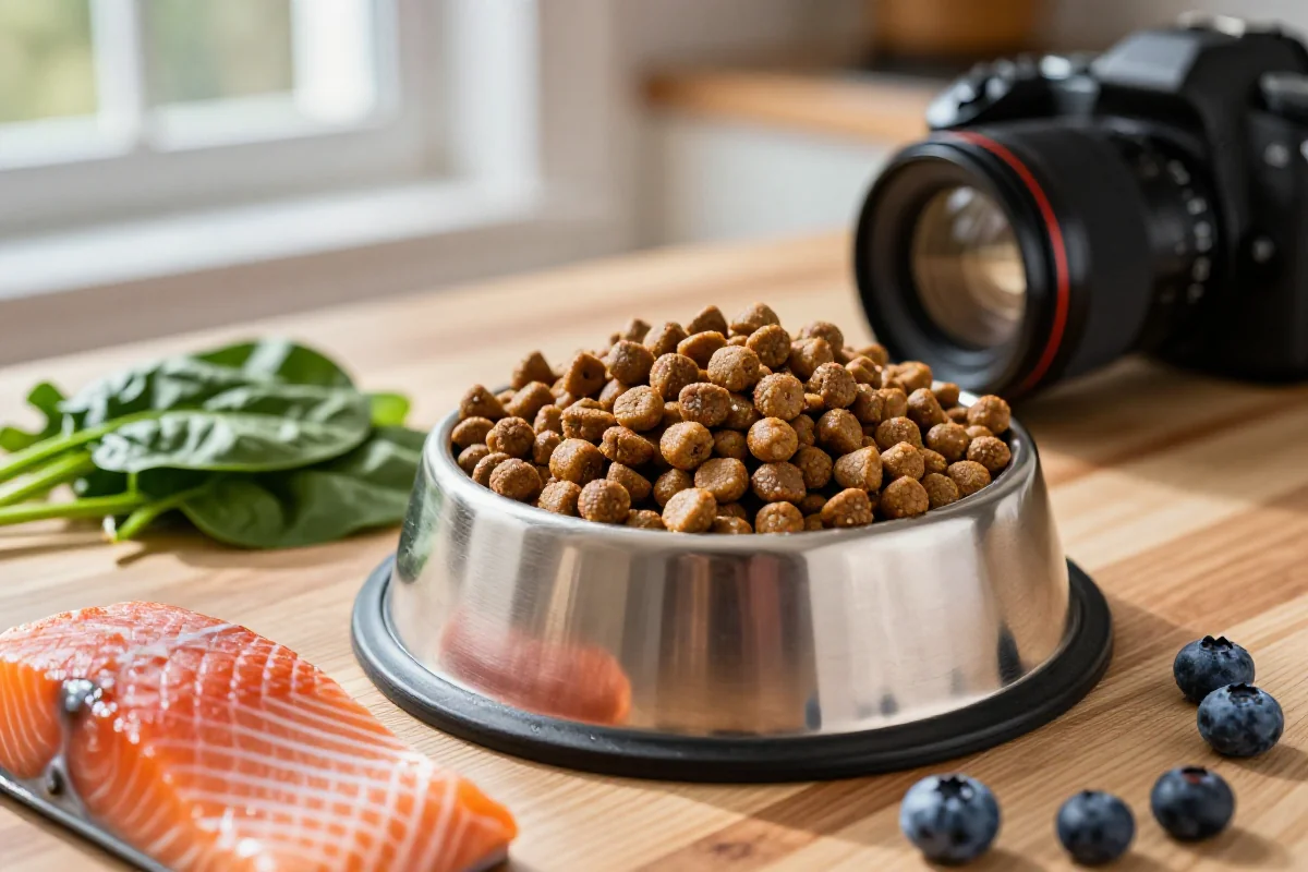 Hundemat med omega-3 kilder som laks og antioksidanter som blåbær.