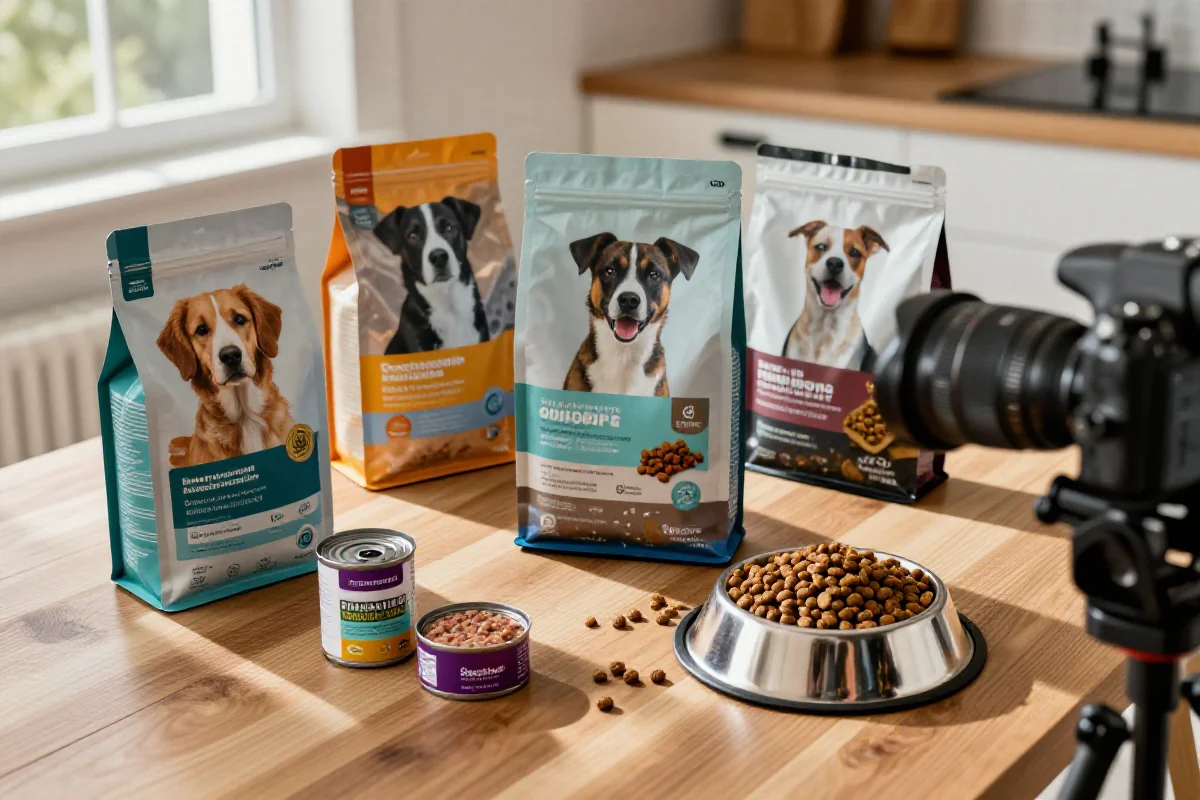 Variert hundemat som kibble og våtfôr på et kjøkkenbord