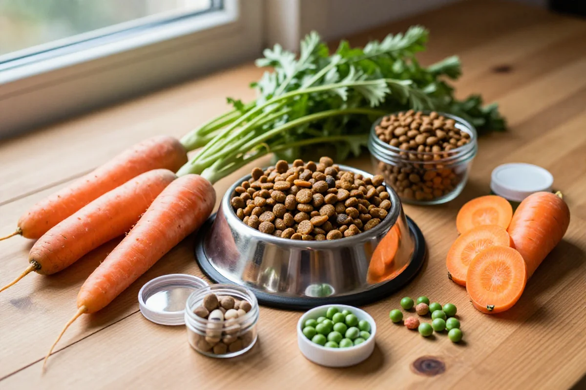 Variert hundemat og ingredienser på treoverflate, inkludert kibble og grønnsaker.