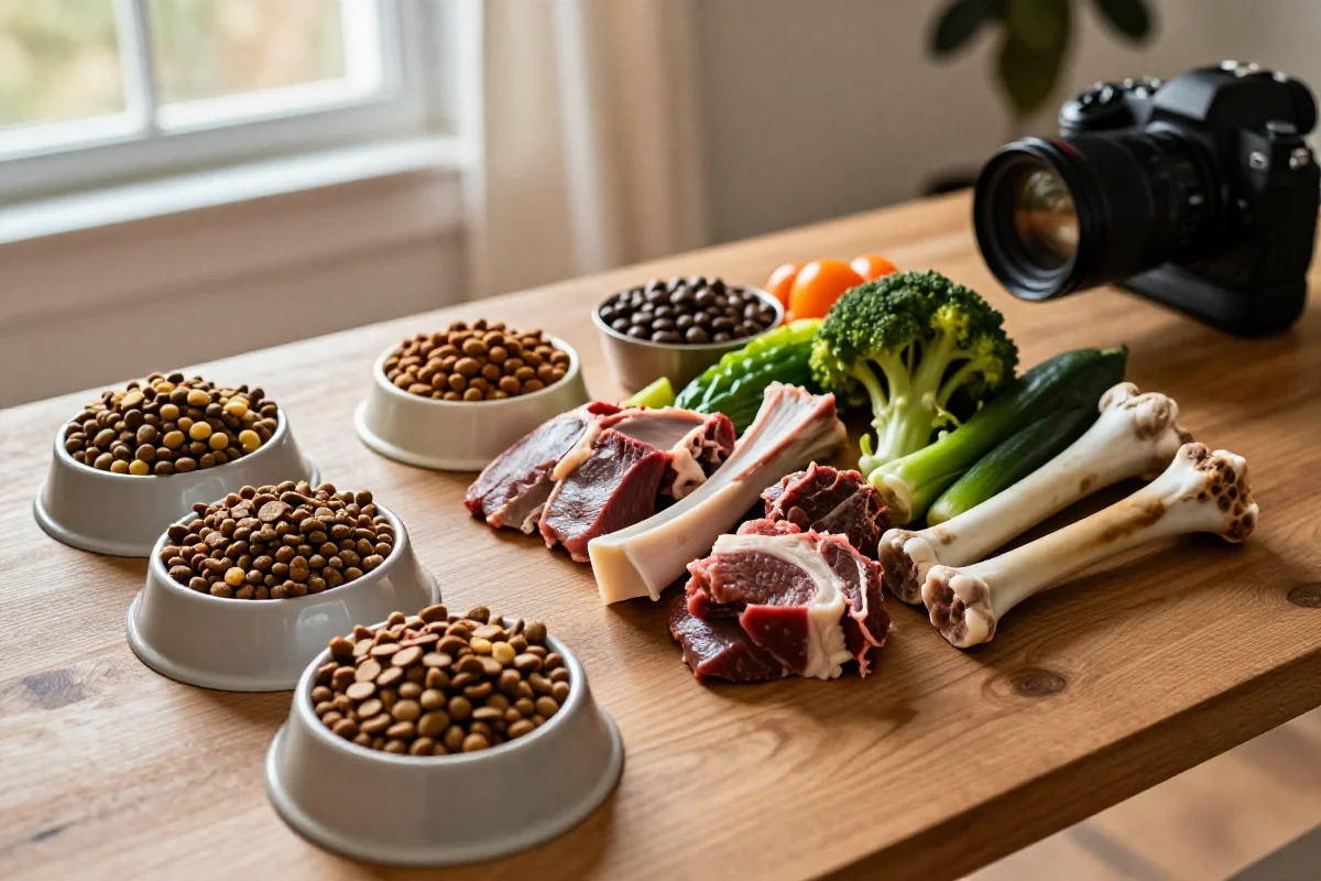 Variert hundemat som kombinerer tørrfôr og råfôr på et bord.
