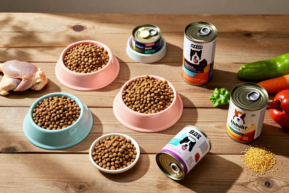 Variert utvalg av hundemat og ingredienser for ernæring av hunder.