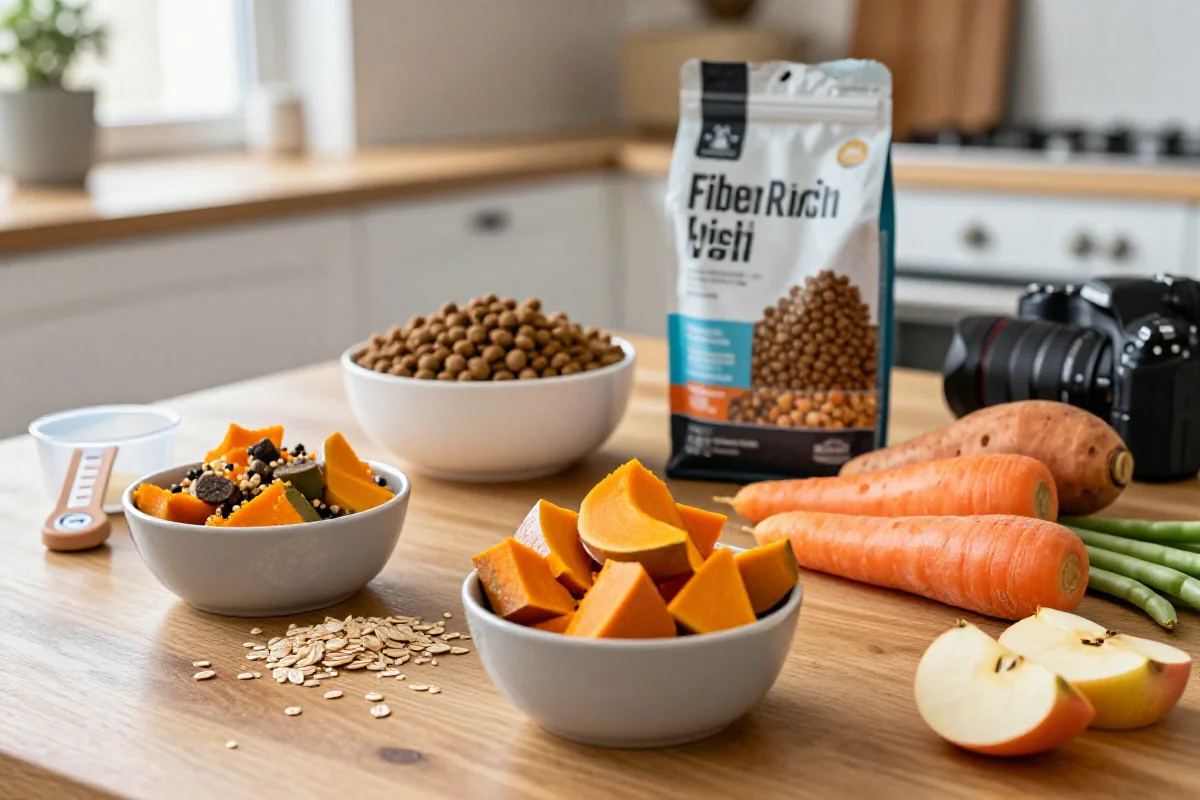 Fiberrike ingredienser til hundemat, inkludert gresskar og søtpotet.
