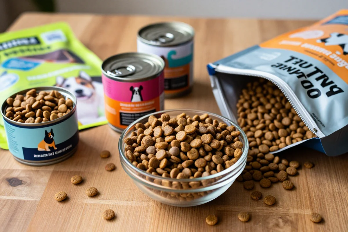 Variert hundemat med kibble, våtfôr og emballasje på bordet.