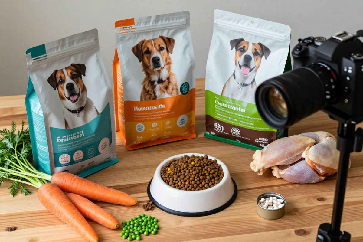 Variert hundemat med kibble, våtfôr og friske ingredienser for underernærte hunder.