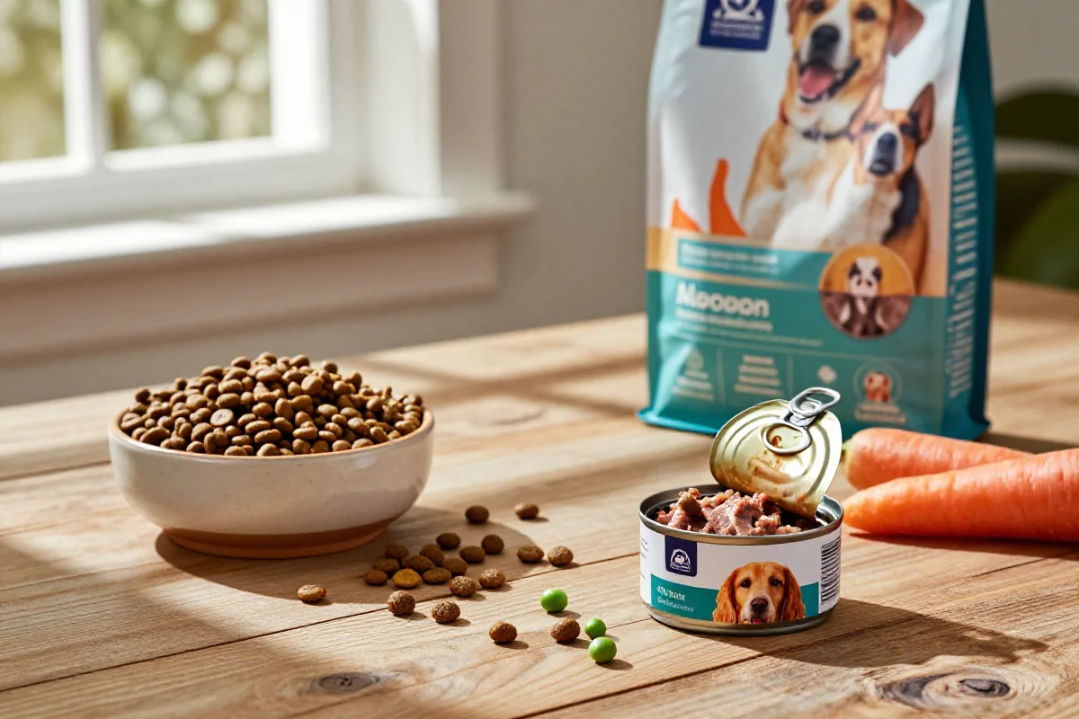 Variert hundemat på et bord med kibble og våtfôr for optimal næringsopptak.
