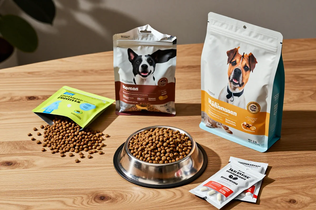 Varierte hundematprodukter og tilskudd på trebord for kostnadsbesparelser.