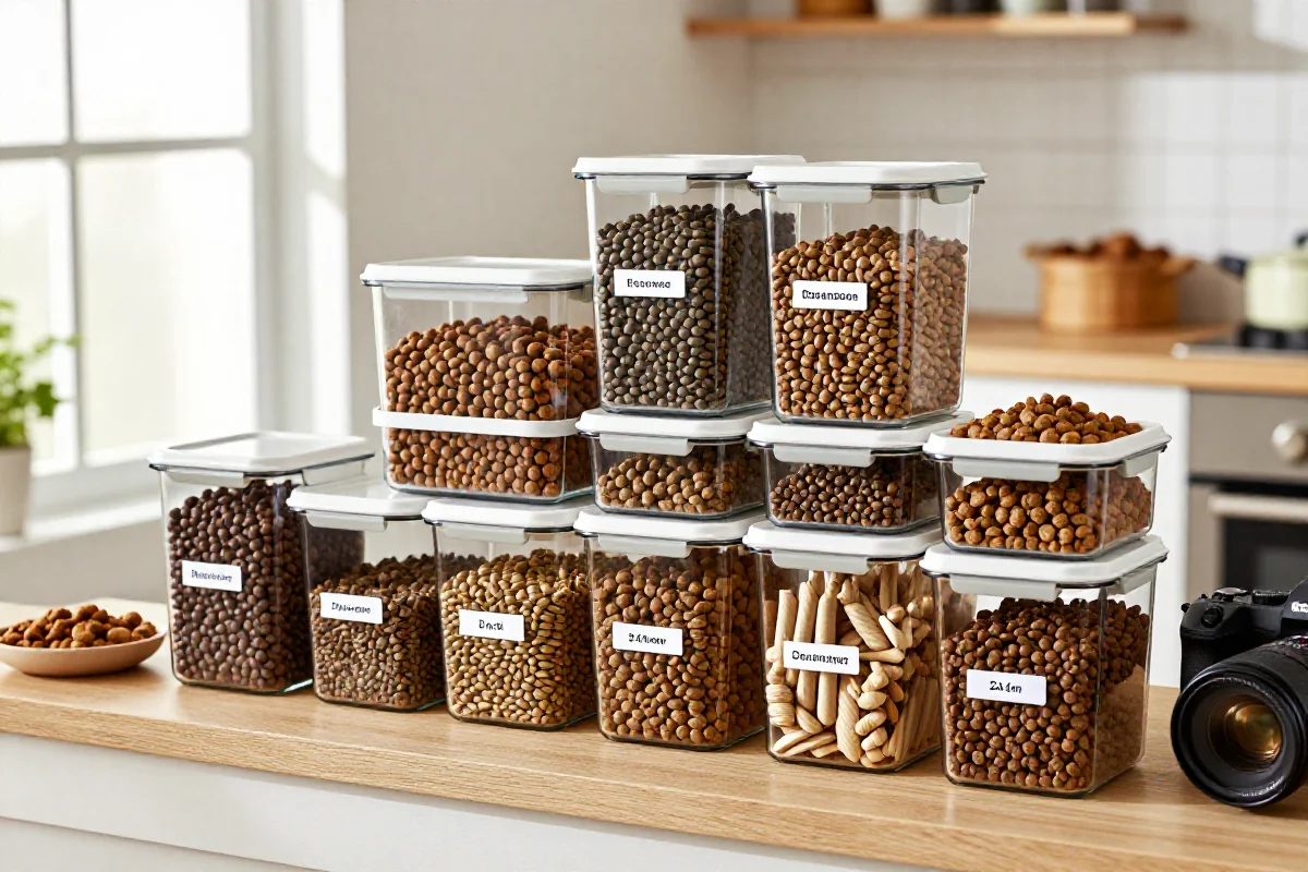 Organisert oppbevaringssystem for hundemat med lufttette bokser og kibble.