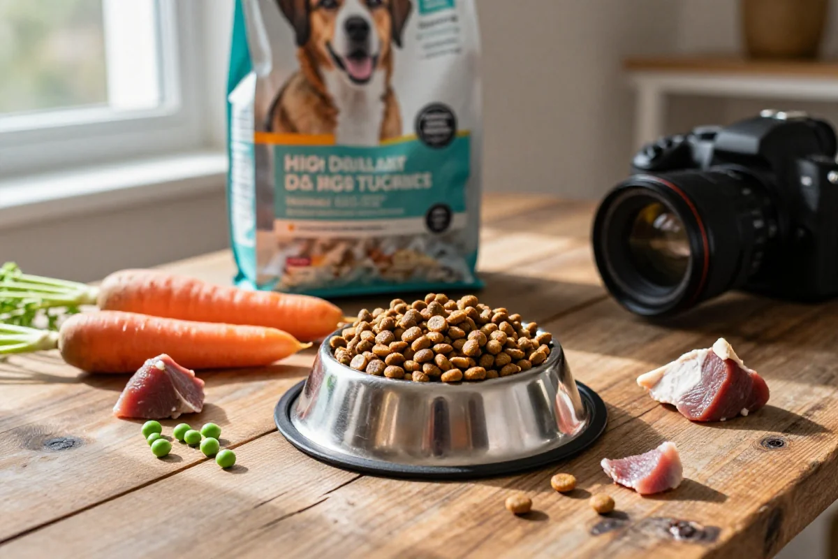 Balansert hundemat med kibble, friske ingredienser og økologisk emballasje.