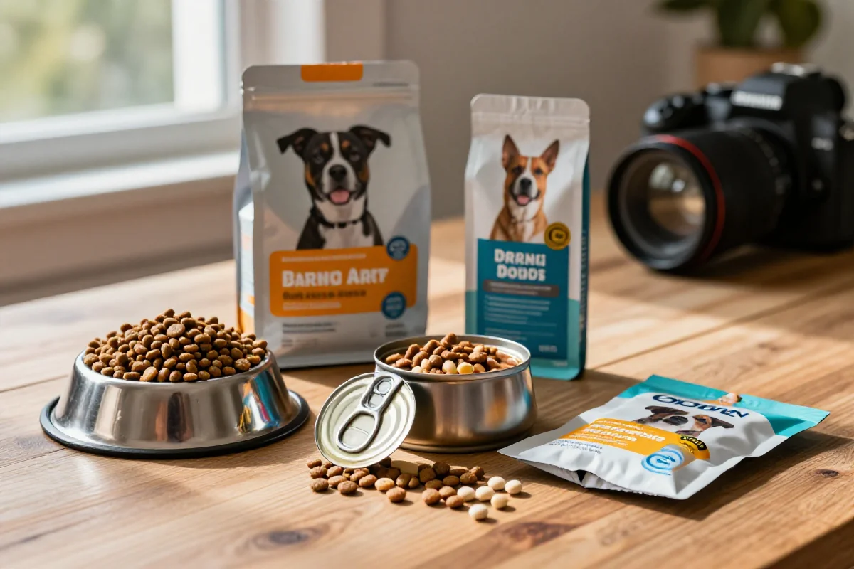 Forskjellige hundematprodukter som kibble, våtfôr og kosttilskudd på et bord.
