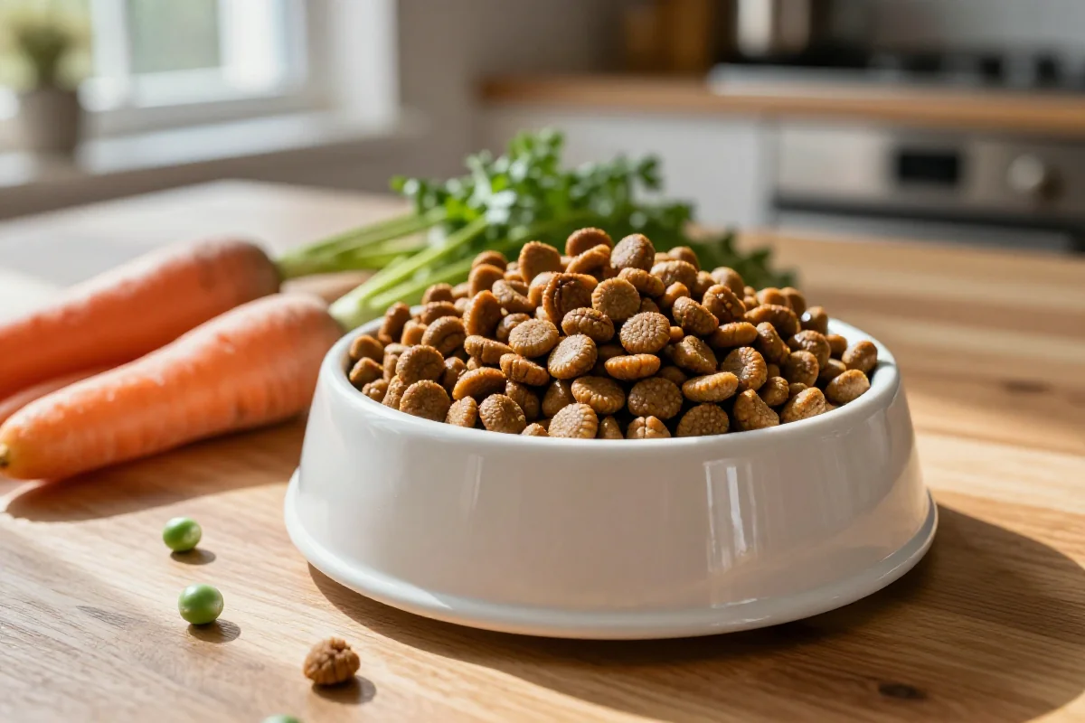 Hundematbolle med tørrfôr og friske ingredienser på kjøkkenbordet.