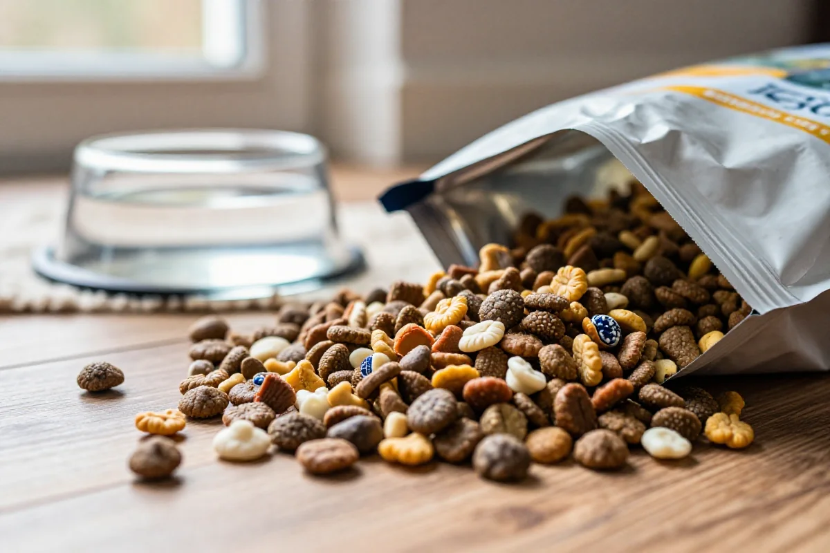 Tørr hundemat kibble i en åpen pose med en hundeskål i bakgrunnen.