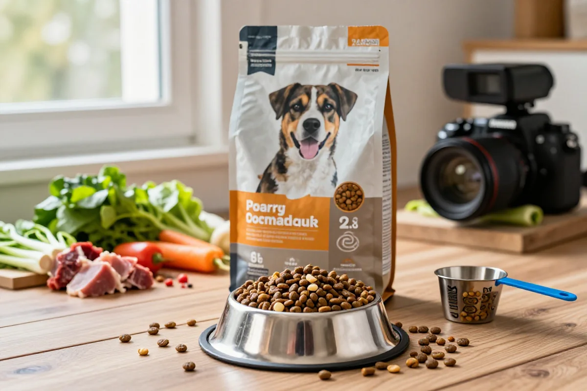 Fotografi av hundemat, kibble og ingredienser for hundefôr.