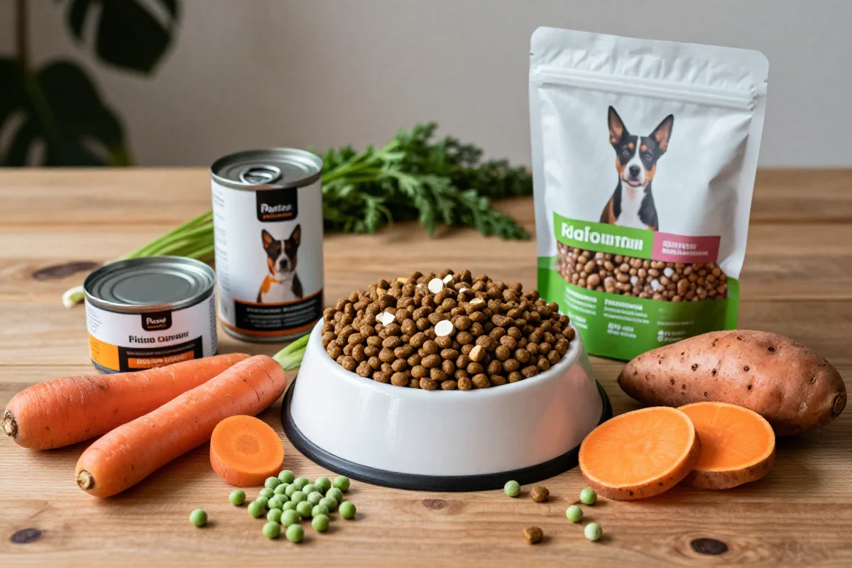 Forskjellige hundefôrprodukter og ingredienser på et bord.