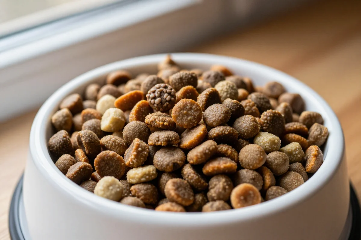Kvalitet hundefôr og kibble i en moderne matskål på treoverflate.