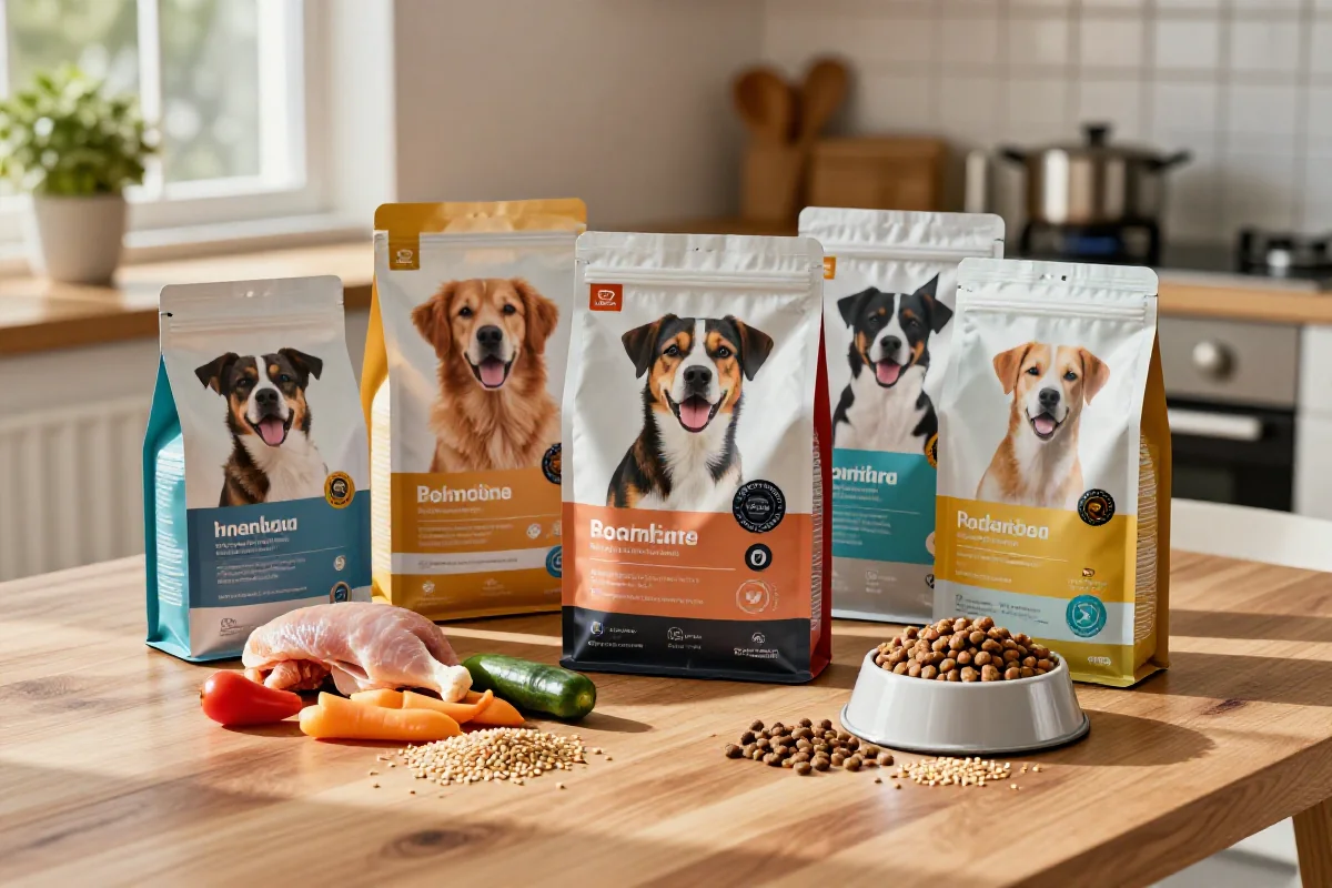 Balansert hundemat med kibble, våtfôr og ferske ingredienser på et kjøkkenbord.