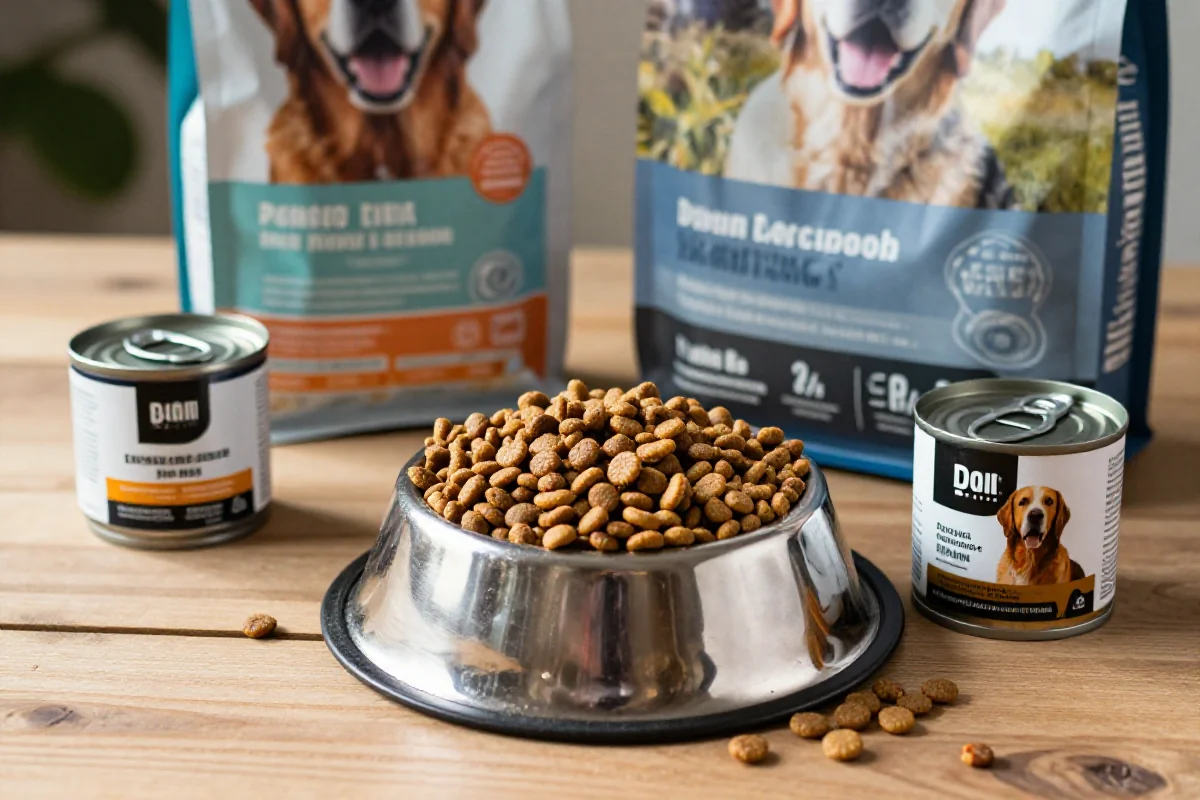 Variert utvalg av hundematprodukter på et trebord for hundemat-varsler.