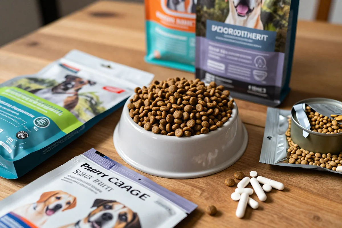 Nærbilde av hundematprodukter, inkludert tørrfôr og våtfôr.