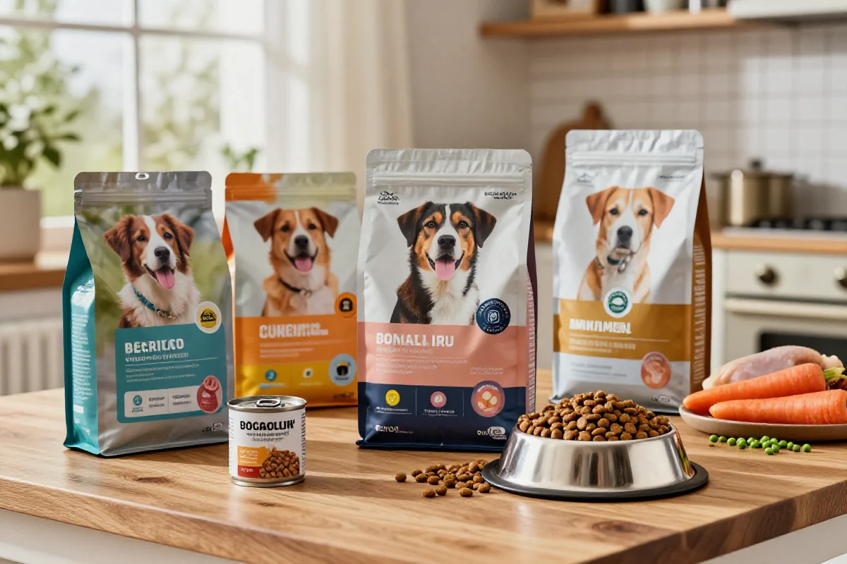 Variert hundemat på bord med naturlige ingredienser og skål med kibble.