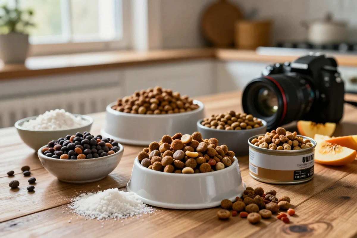 Variert hundemat med naturlige ingredienser i et koselig kjøkkenmiljø.