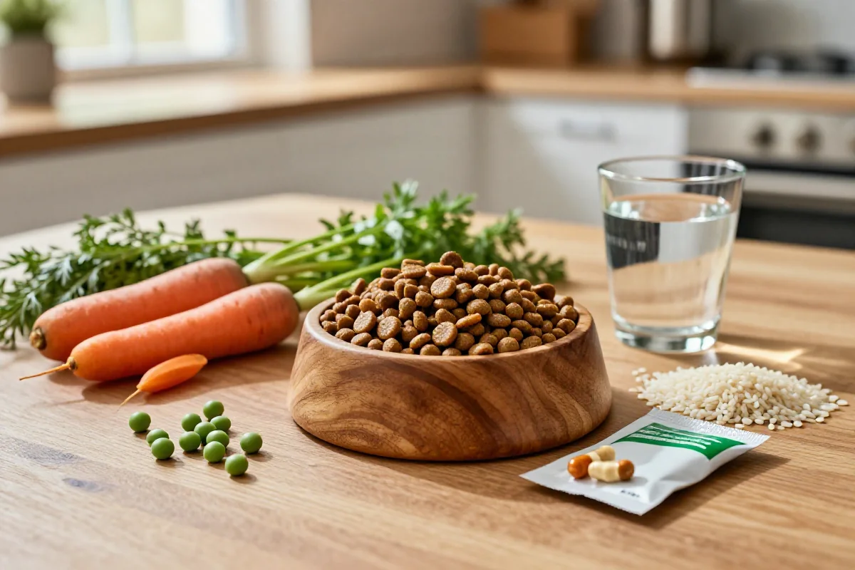 Hundefôr med ingredienser og tilskudd for å forebygge hudirritasjon.
