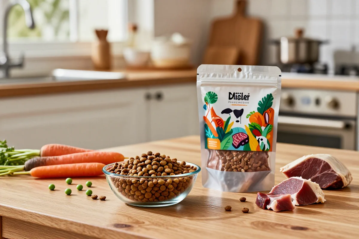 Bilde av hundemat og friske ingredienser på kjøkkenbordet