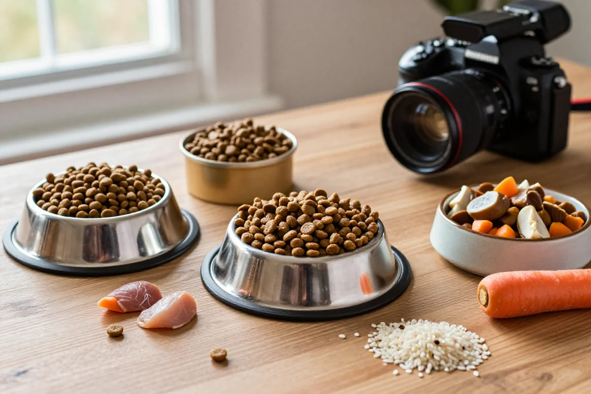 Varierte hundemattyper og ingredienser på et trebord for hundens fôring.