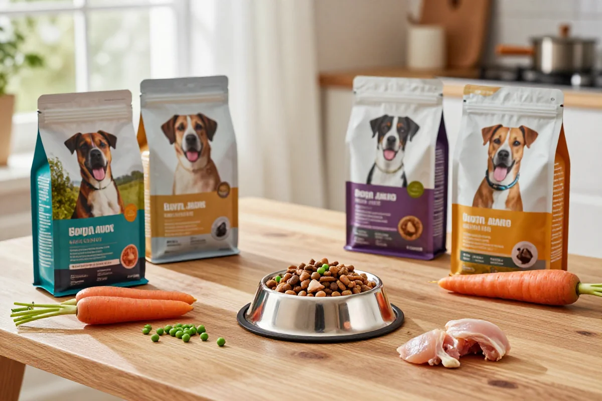 Variert hundemat med kibble, våtfôr og ferske ingredienser på bordet.