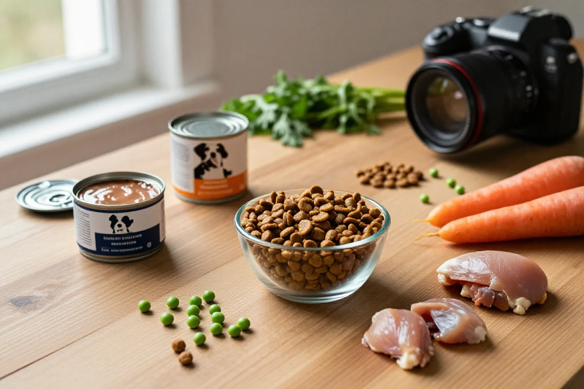 Variert hundemat med tørrfôr, våtfôr og friske ingredienser på trebord.