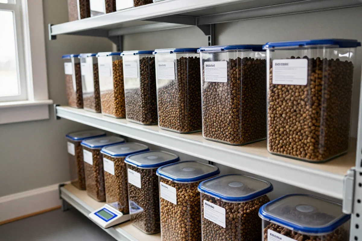 Organisert bulk-lager for hundemat med lufttette beholdere og måleutstyr.