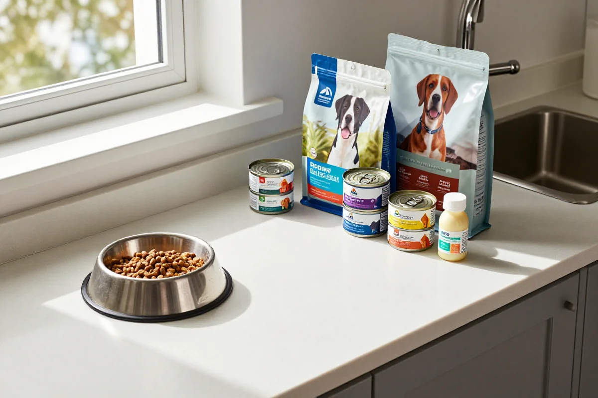 Organisert kjøkkenbenk med hundemat og hundeskåler for å forhindre counter surfing.