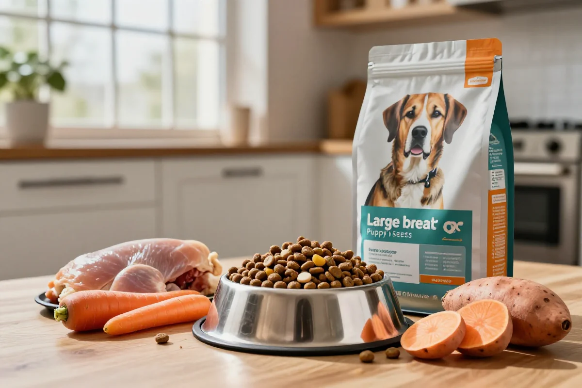 Variasjon av hundemat for store raser med kibble og ferske ingredienser