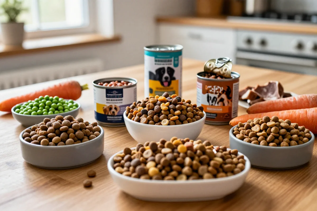 Ulike typer hundemat og ingredienser på et kjøkkenbord for hundens ernæring.