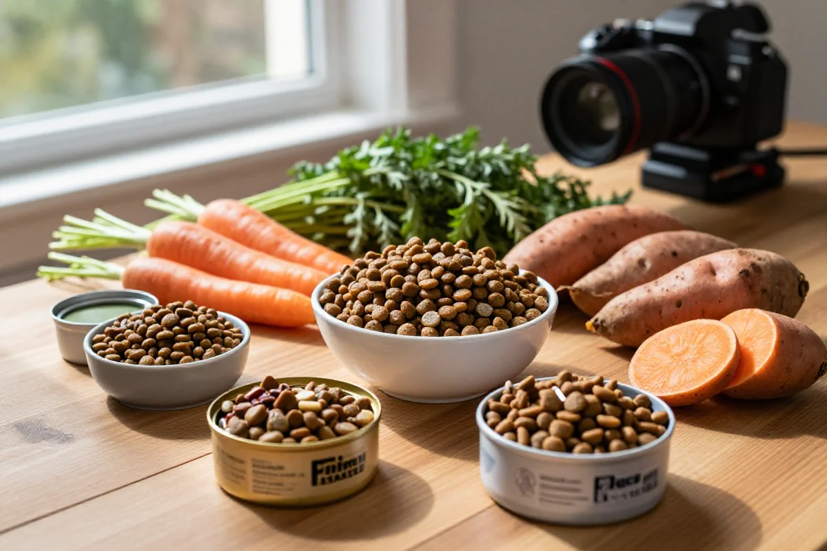Hundemat med ingredienser som styrker immunforsvaret, inkludert kibble og grønnsaker.
