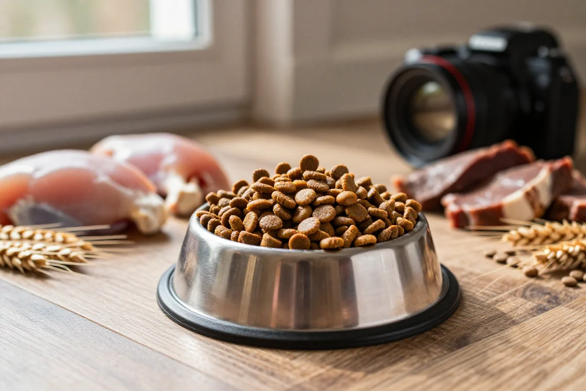 Hundeskål med tørrfôr og allergeningredienser, illustrerer hundematallergi.