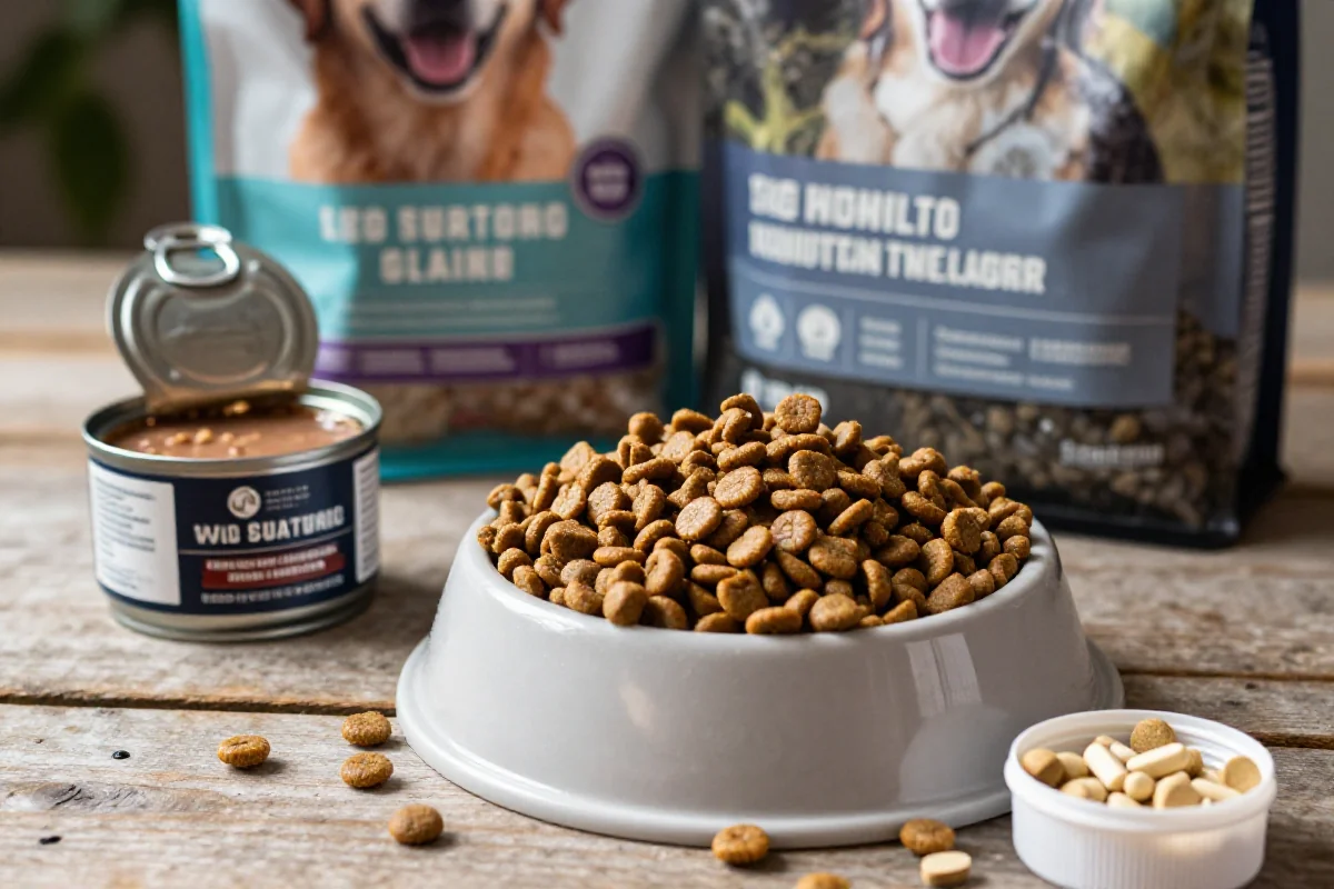 Bilde av hundemat med kibble, våtfôr og kosttilskudd på treoverflate.
