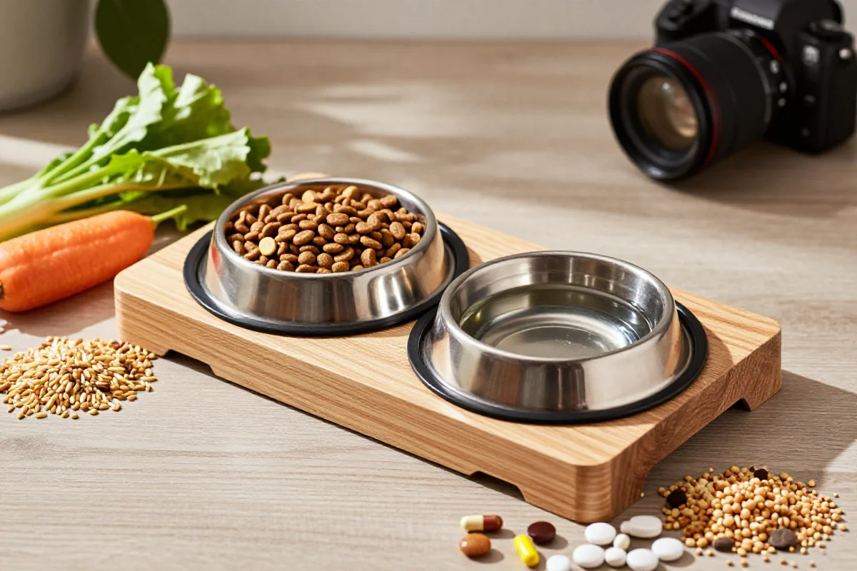 Hundefôr og ingredienser for tarmhelse på en hundefôrstasjon.