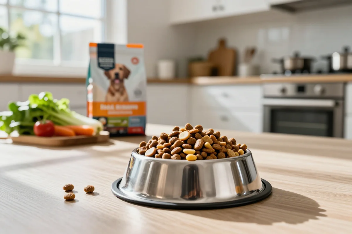 Hundematskål med tørrfôr og friske ingredienser i et lyst kjøkken.